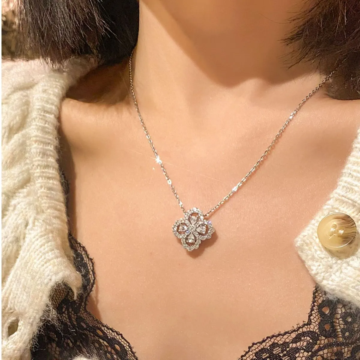 Moissanite 925 Sterling Silver Clover Pendant Necklace