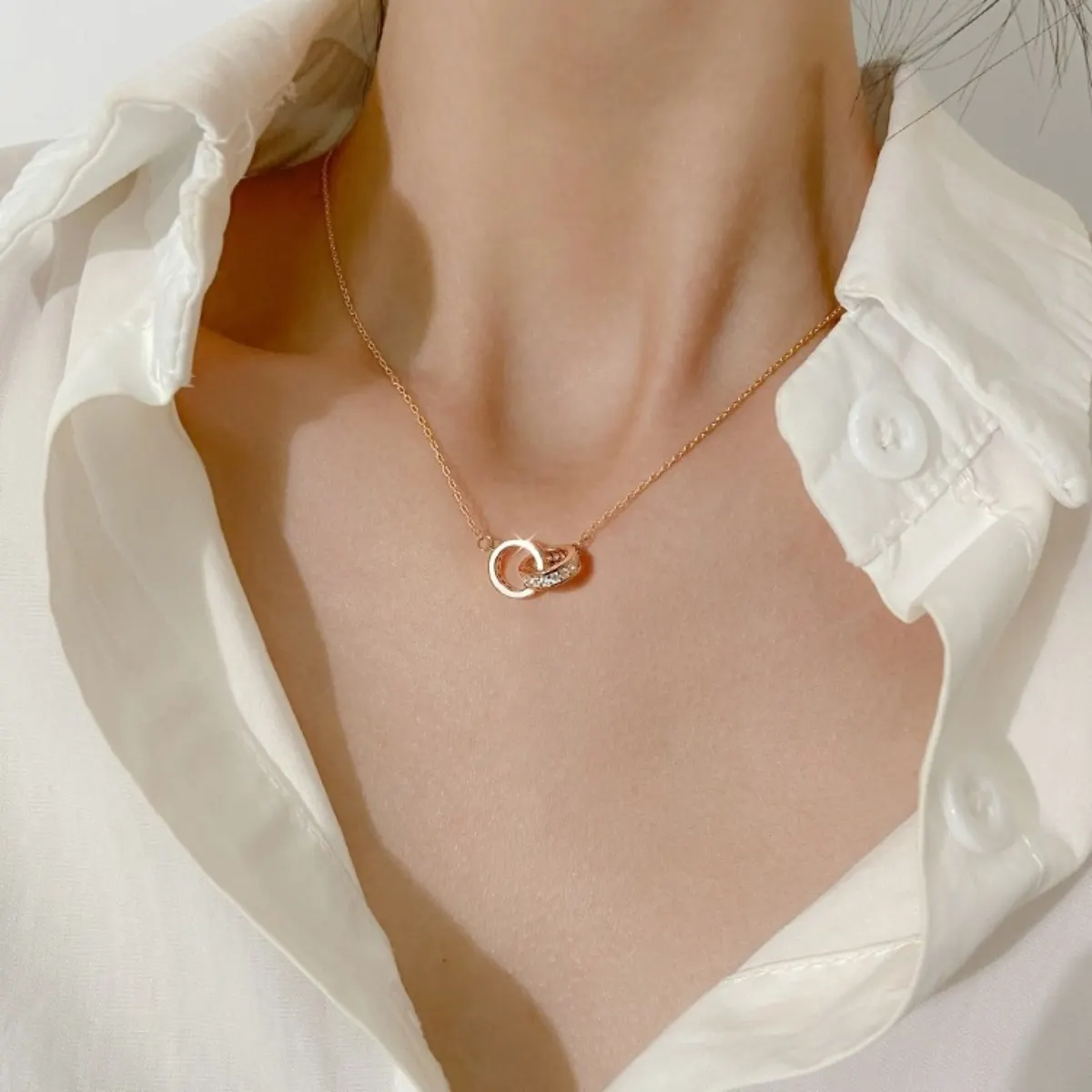 925 Sterling Silver Double Circle Pendant Necklace